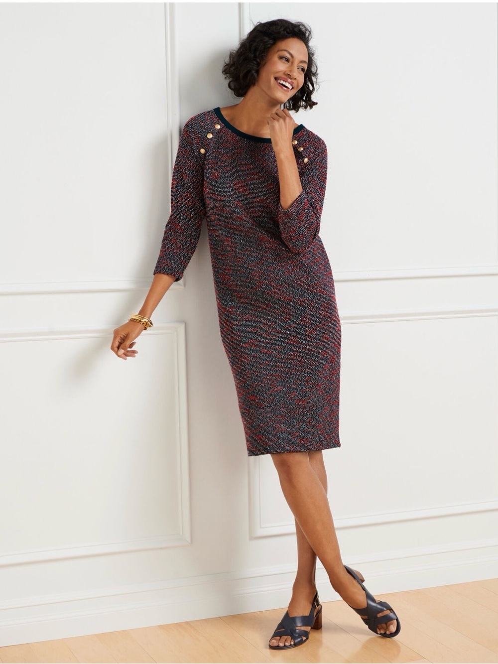 Talbots Tweed Shift Dress XS Navy Coral Gold Button 3/4 Sleeve
